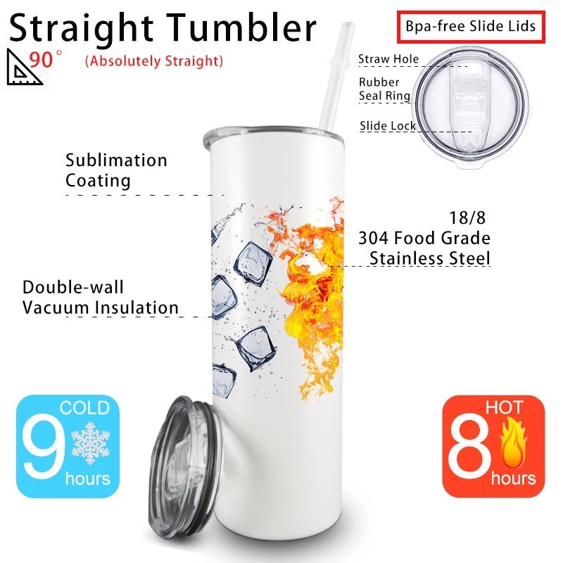 20oz SKINNY Sublimation Tumbler - Straight Skinny Stainless Steel Insulated  Blank Tumblers with Lid and Straw