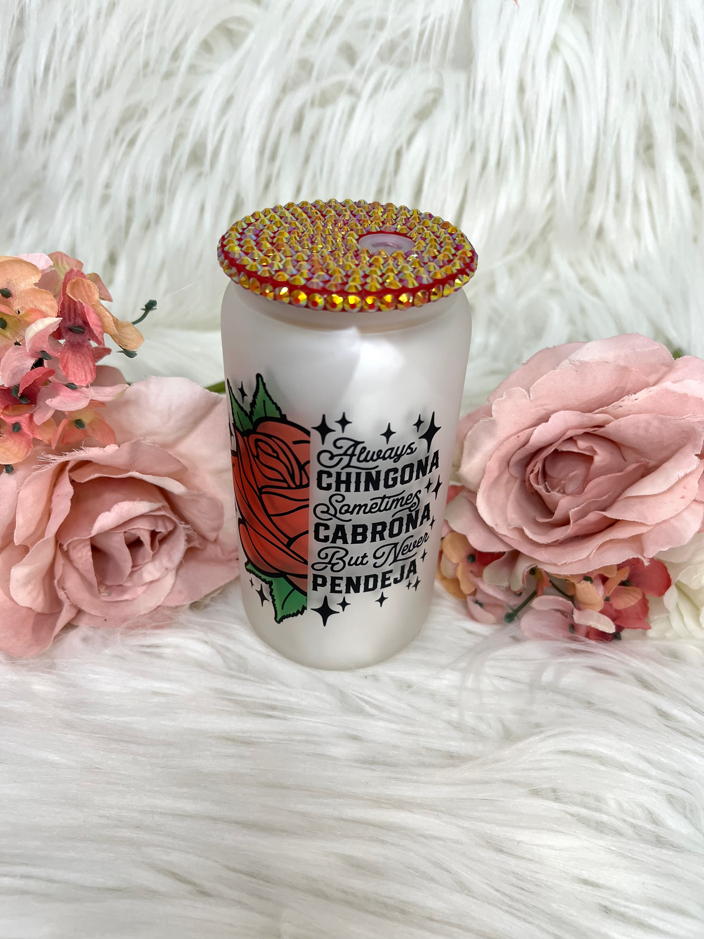 hingona 16oz frosted libbey glass can, chingona, always chingona cup, chingona cup, chingona vaso, 16oz cup, vaso de 16oz, always chingona